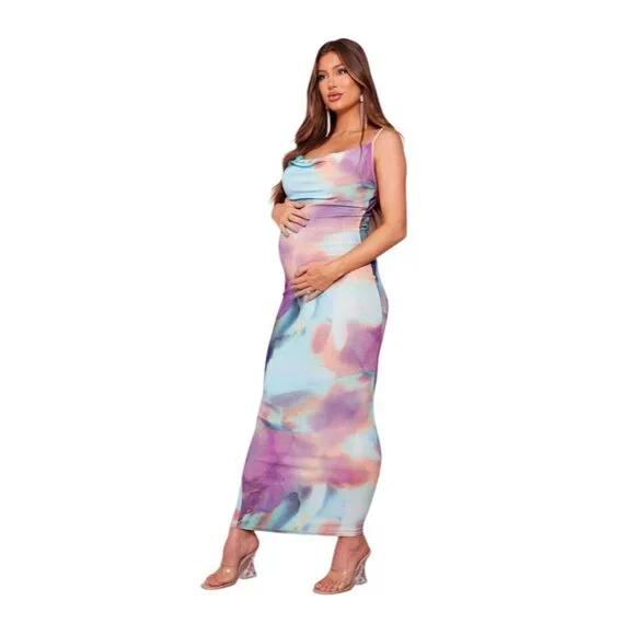 PrettyLittleThing Multicolor Maternity Abstract Print Cowl Neck Maxi Dress NWT - Picture 5 of 16